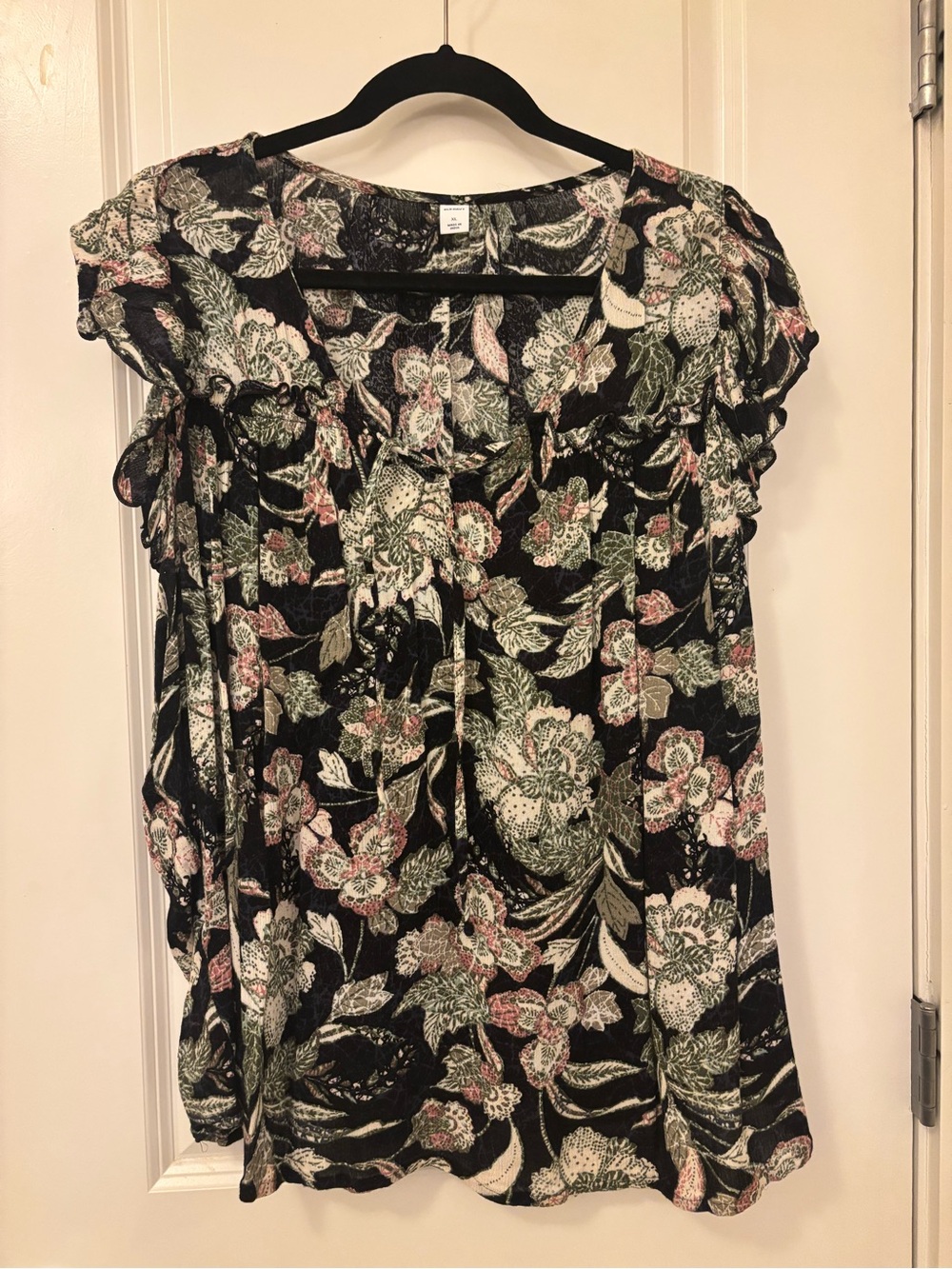 Old Navy Black Floral Ruffle Sleeve Blouse with Pink & Green Accents